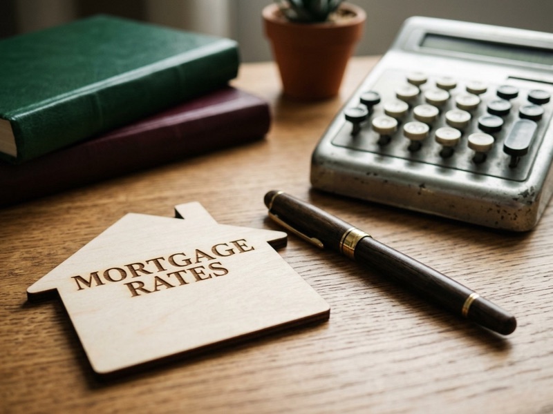 House-shaped wooden cutout reading mortgage rates beside a pen and vintage calculator