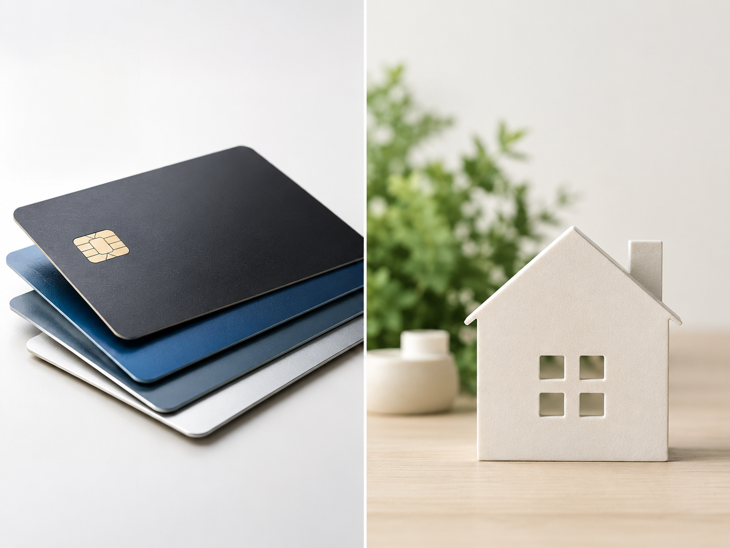 A stack of credit cards beside a small model house