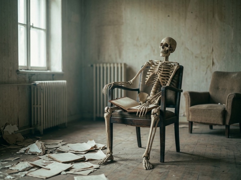 Skeleton seated in an armchair in a derelict room with papers scattered on the floor