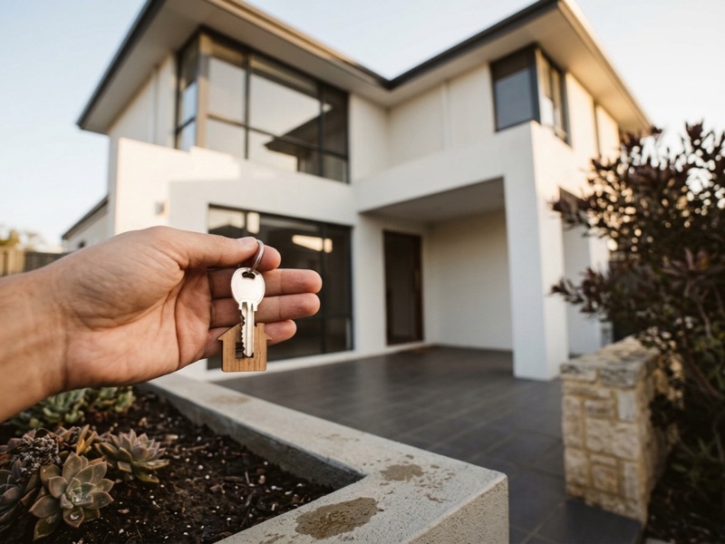 Hand holding house keys in front of a modern two-storey home