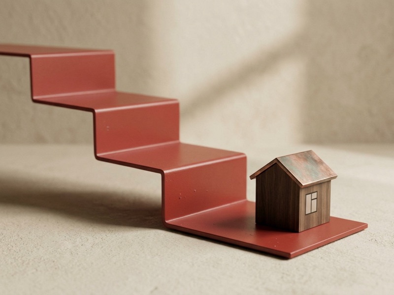 Tiny wooden house at the bottom of a red staircase shape on a beige surface