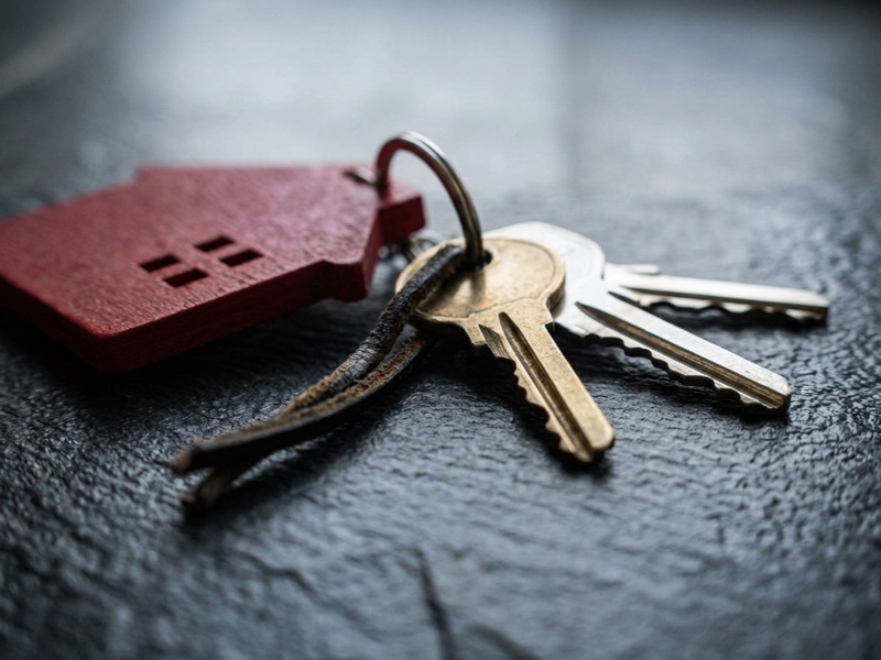 House keys on a keyring with a red wooden house charm on a dark surface