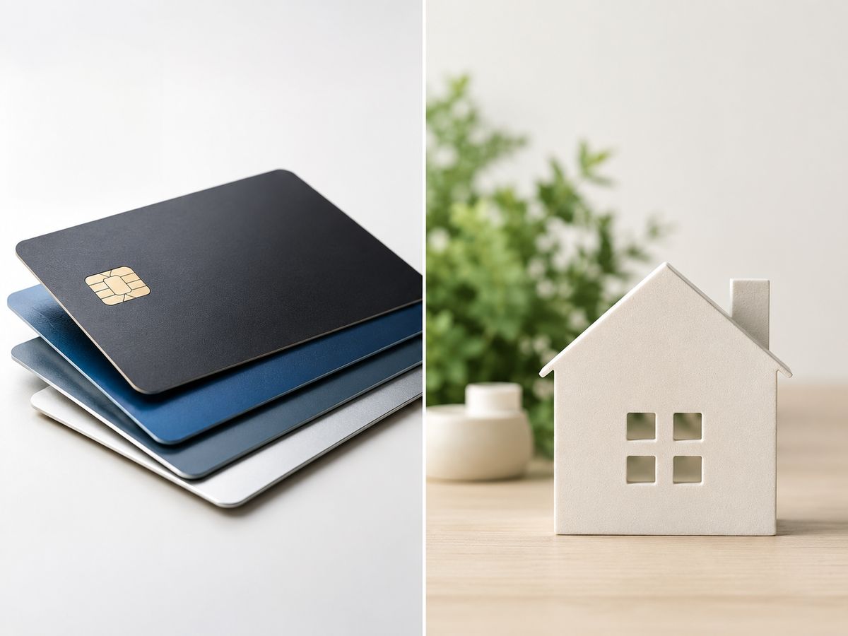 A stack of credit cards beside a small model house