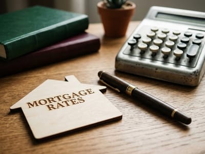 House-shaped wooden cutout reading mortgage rates beside a pen and vintage calculator