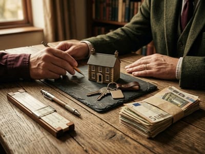 Two men at a wooden table with a model house, keys and a stack of banknotes
