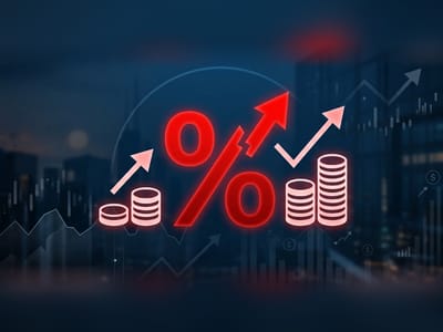 A large red percent sign with upward arrows and stacks of coins over a night city skyline, representing the gap between credit card and home equity rates