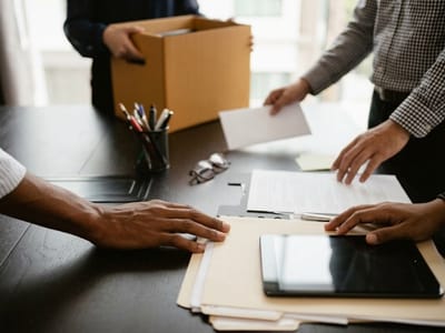 Office workers packing a cardboard box and gathering papers and folders on a desk