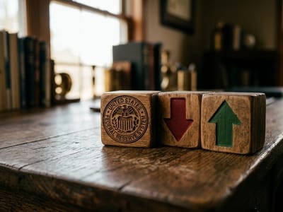 Wooden blocks showing the Federal Reserve seal beside red down and green up arrows