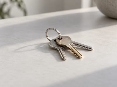 A small set of house keys resting on a pale stone countertop in soft daylight