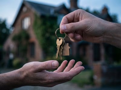 Hand passing house keys to an open palm in front of a brick house